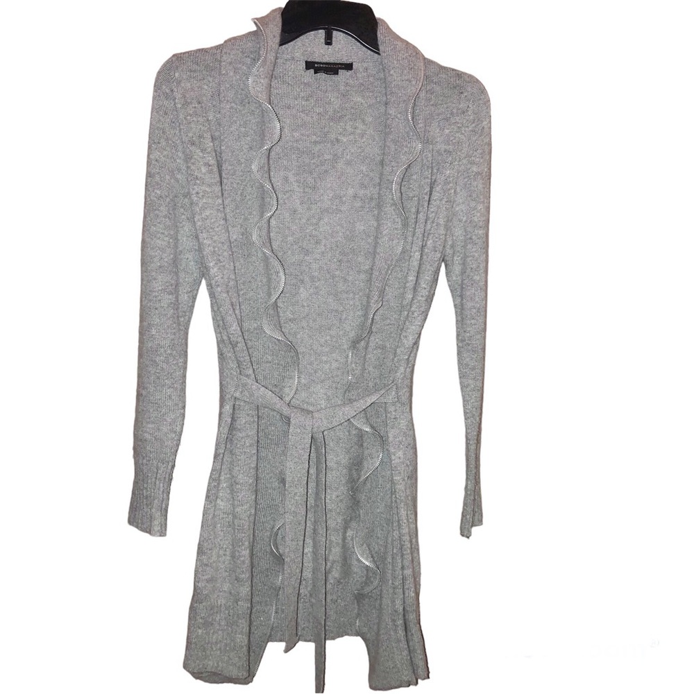 BCBGMaxAzria Wool Blend Open Front Tie Ruffle Zipper Cardigan Grey Medium